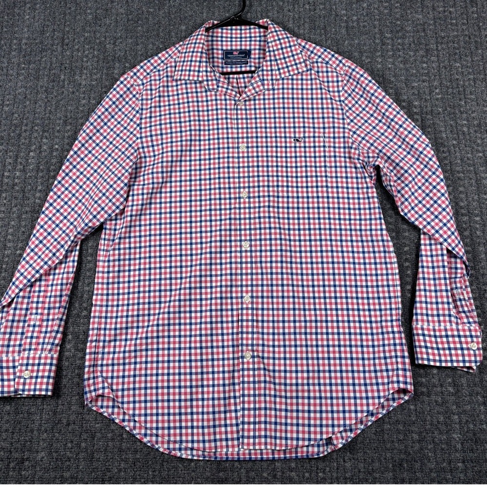 Vineyard Vines Performance Classic Fit Tucker Shirt Large Gingham Check Red Blue